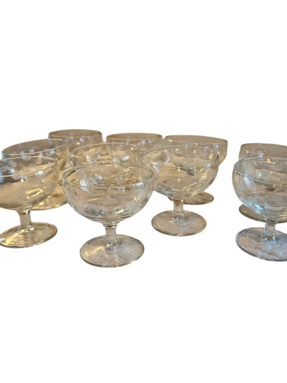 Standard Glass Co Criss Cross & Punties Etched Low Sherbet / Champain Glasses se